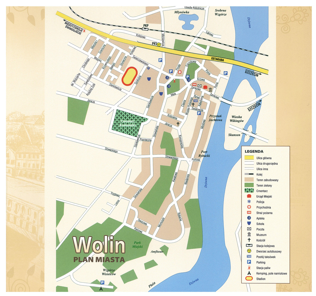 Das Bild zeigt den Innenstadtplan von Wolin