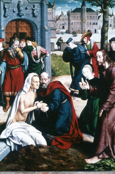 Rathaus Kalkar, Jan Joest, 1507 Die Auferweckung des Lazarus mit dem Kalkarer Rathaus im Hintergrund, gemalt von Jan Joest auf einem Flügel des Hochaltars der St. Nicolai Kirche