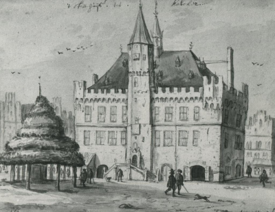 Rathaus Kalkar, Arnoud ter Himpel, 1656 Die Zeichnung von Arnoud ter Himpel von 1656 zeigt das Renaissance-Portal mit der Justitia (römische Göttin der Gerechtigkeit). Die Gerichtslinde ist rockartig geschnitten. Vor der linken Seite des Rathauses ist ein Anbau zu sehen, eine Gerichtslaube, in der die Gerichtsverhandlungen stattfanden.