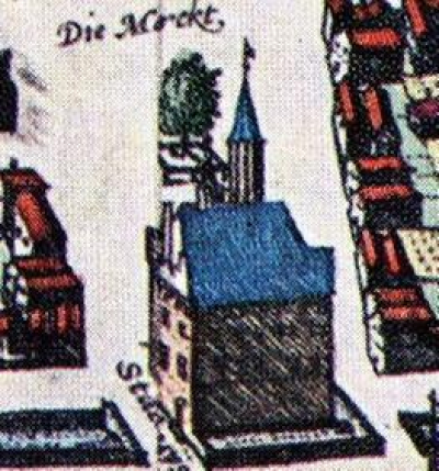 Ausschnitt aus dem Vogelschauplan von Kalkar im Städtebuch von Braun und Hogenberg, 1575, koloriert. Deutlich erkennbar ist die Umfriedung um die Gerichtslinde. Ausschnitt aus dem Vogelschauplan von Kalkar im Städtebuch von Braun und Hogenberg, 1575, koloriert. Deutlich erkennbar ist die Umfriedung um die Gerichtslinde.