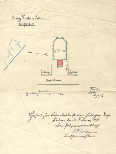 Lageplan der Evangelischen Kirche aus der Bauerlaubnis, 1898 Lageplan der Evangelischen Kirche aus der Bauerlaubnis, 1898