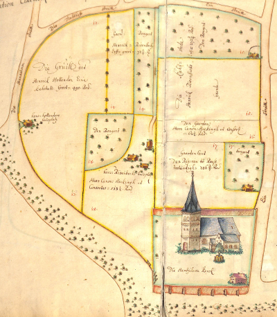 Historischer Lageplan Hanselaer Historischer Lageplan von Hanselaer mit der St. Antonius Kirche und einigen Hofstellen