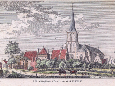 Kalkar mit St. Nicolai, Zeichnung Jan de Beijer, 1740 Die Zeichnung von Jan de Beijer zeigt Kalkar von Westen mit verschiedenen Häusern und der St. Nicolai Kirche