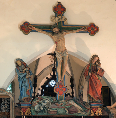Triumphkreuzgruppe Hanselaer, Foto: Jens Hofmann Foto der Triumphkreuzgruppe in der St. Antonius Kirche Hanselaer mit Christus am Kreuz, der Gottesmutter Maria und dem Apostel Johannes