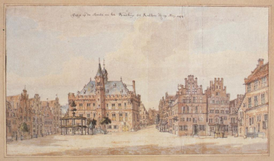 Markt Kalkar, Zeichnung Jan de Beijer, 1744 Zeichnung des Kalkarer Marktplatzes mit Rathaus, Gerichtslinde und umliegenden Häuser, Ansicht von 1744